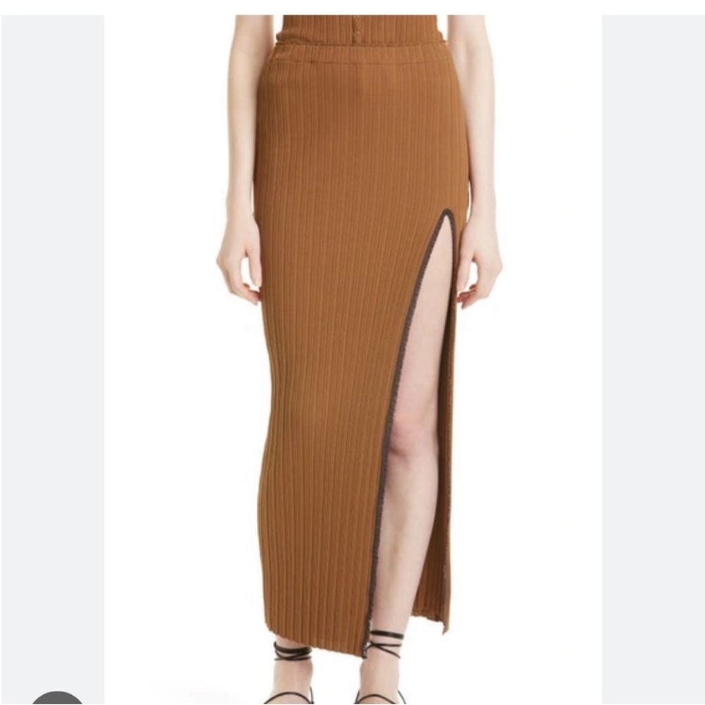 REBECCA TAYLOR Variegated Rib High-Slit Midi Skirt Brown